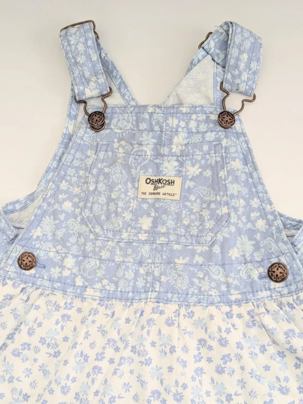 OshKosh B'gosh Girls (Size 3) Blue & White Floral Tiered Bib/Overall-Style Dress